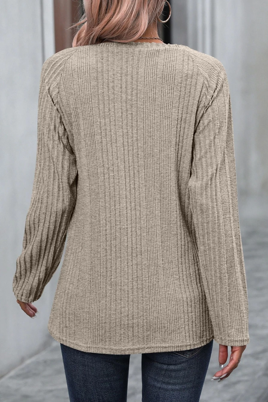 Shewin Women's Apricot Khaki Button Decor Ribbed Raglan Sleeve Top
