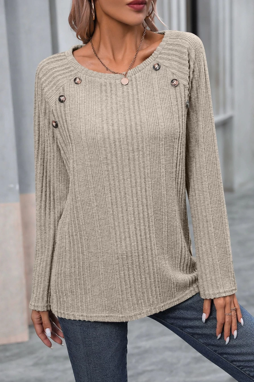 Shewin Women's Apricot Khaki Button Decor Ribbed Raglan Sleeve Top