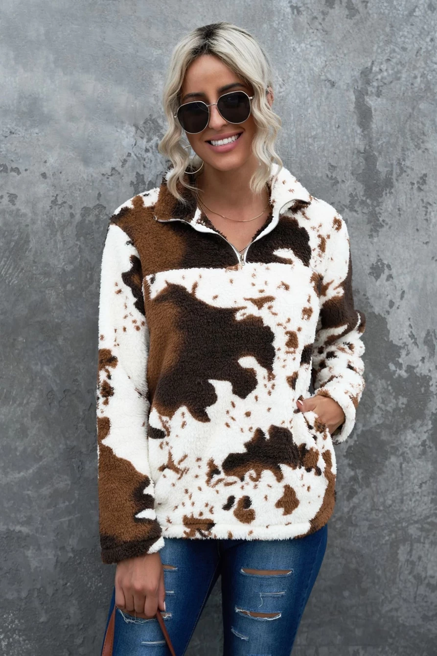 Shewin Women's White Animal Print Sweatshirt with Zipper Collar and Pockets