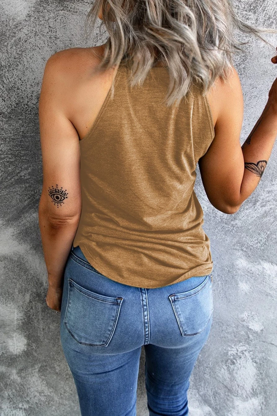 Women's Brown Solid Color Crew Neck Tank Top - Shewin