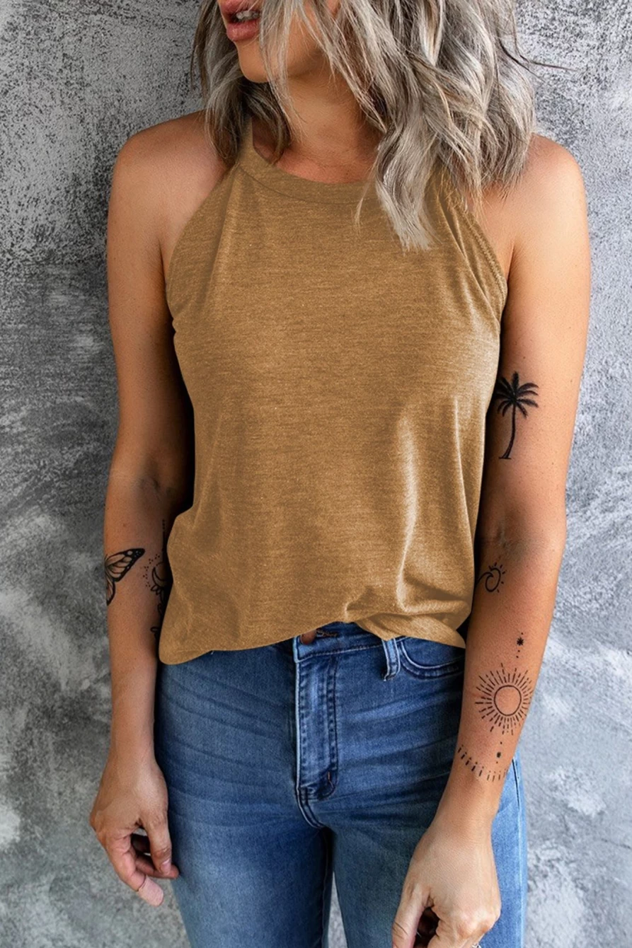 Women's Brown Solid Color Crew Neck Tank Top - Shewin