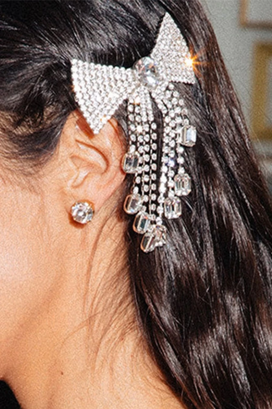 Shewin Silver Rhinestone Hair Clip for Women - Sparkling Bowknot Tassel Hairpin