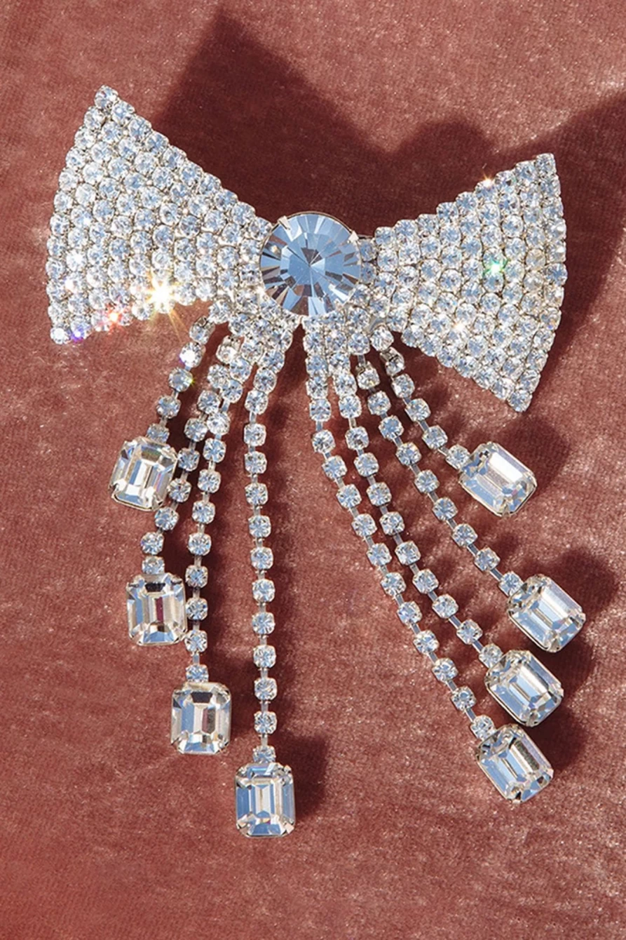 Shewin Silver Rhinestone Hair Clip for Women - Sparkling Bowknot Tassel Hairpin