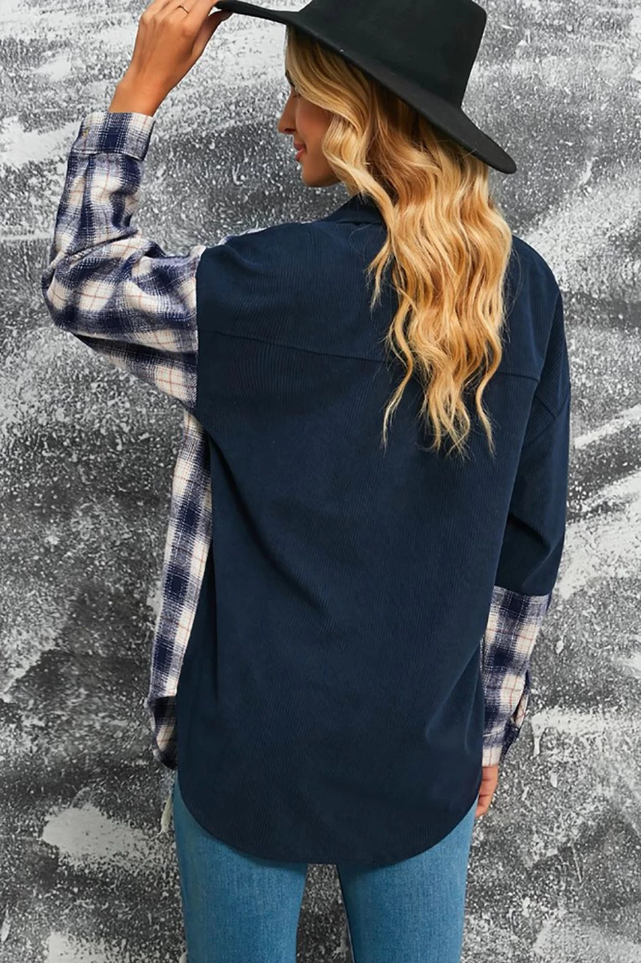 Shewin Women's Blue Plaid Patchwork Button-Up Shirt Color Block Long Sleeve Top