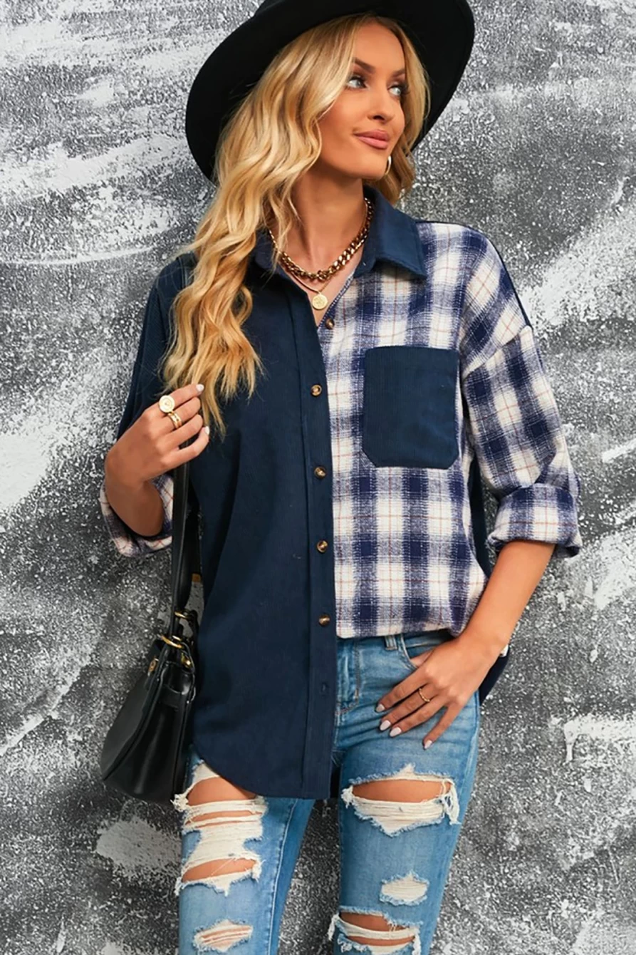 Shewin Women's Blue Plaid Patchwork Button-Up Shirt Color Block Long Sleeve Top