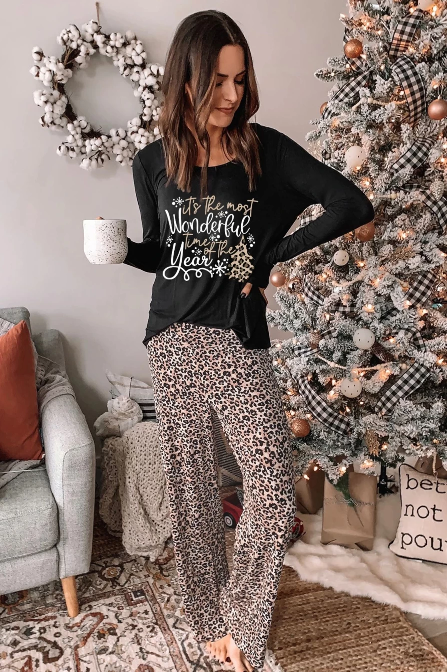 Shewin Women's Leopard Print Christmas Two Piece Lounge Set