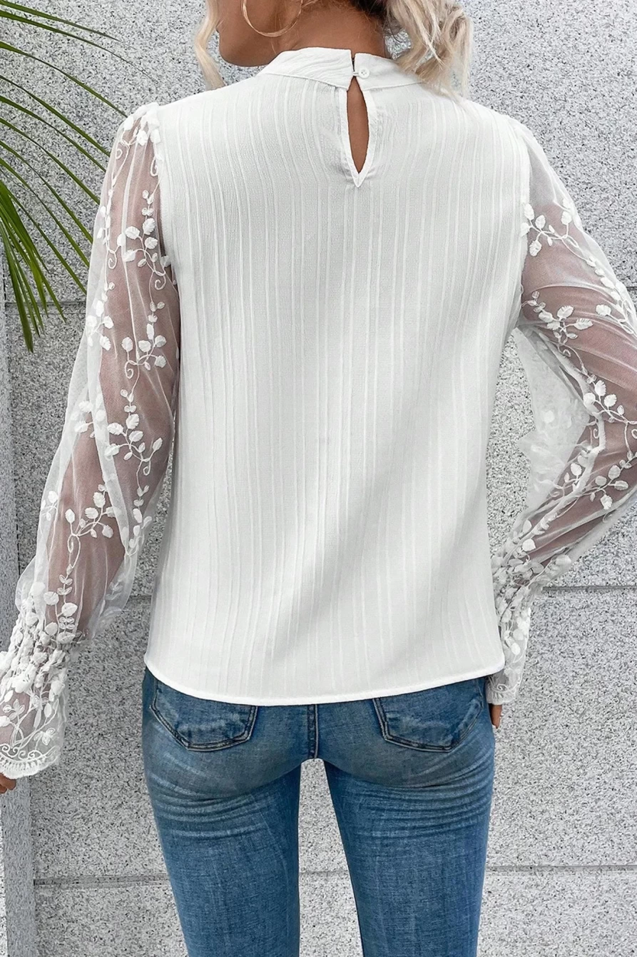Shewin Women's White Textured Contrast Lace Sleeve Mock Neck Blouse