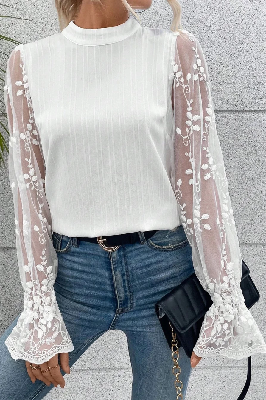 Shewin Women's White Textured Contrast Lace Sleeve Mock Neck Blouse