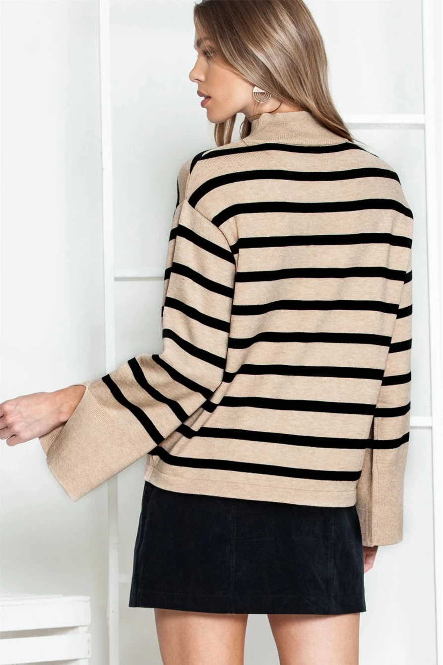 Shewin Women's Khaki Ribbed Mock Neck Striped Bell Sleeve Knit Sweater