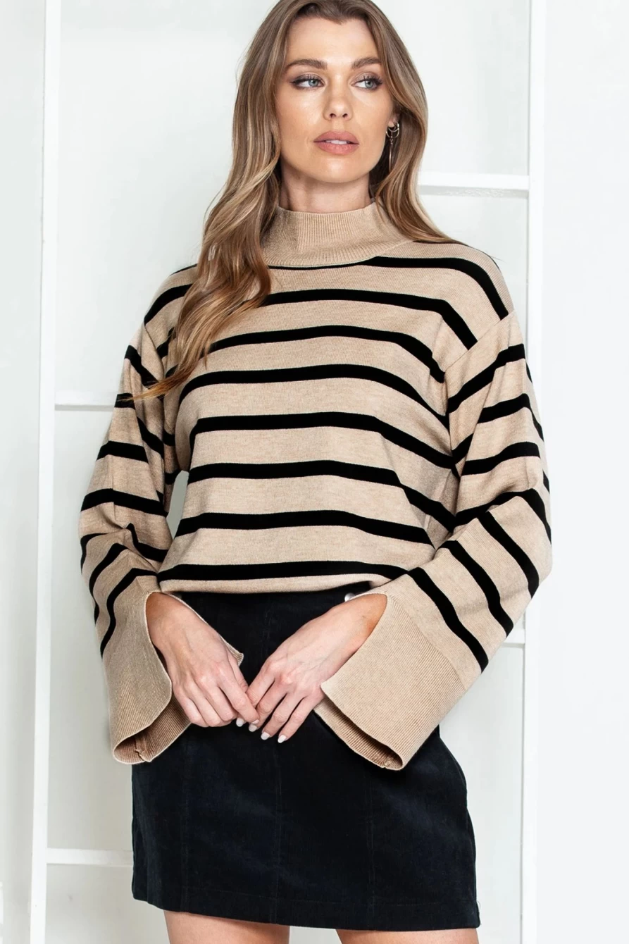 Shewin Women's Khaki Ribbed Mock Neck Striped Bell Sleeve Knit Sweater