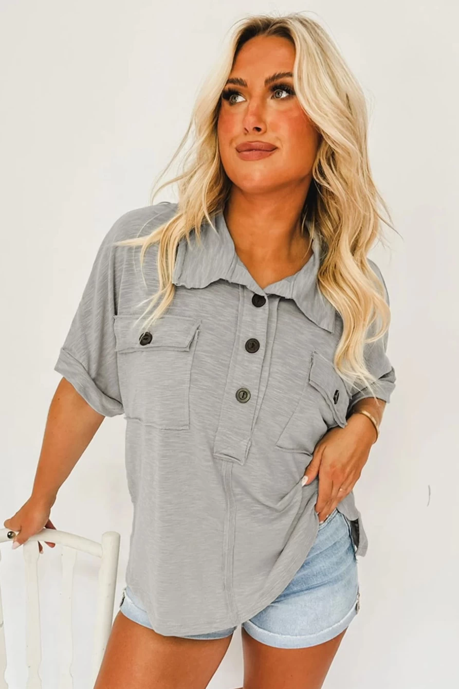 Shewin Women's Light Grey Collared Blouse with Chest Pockets & Half Button Design