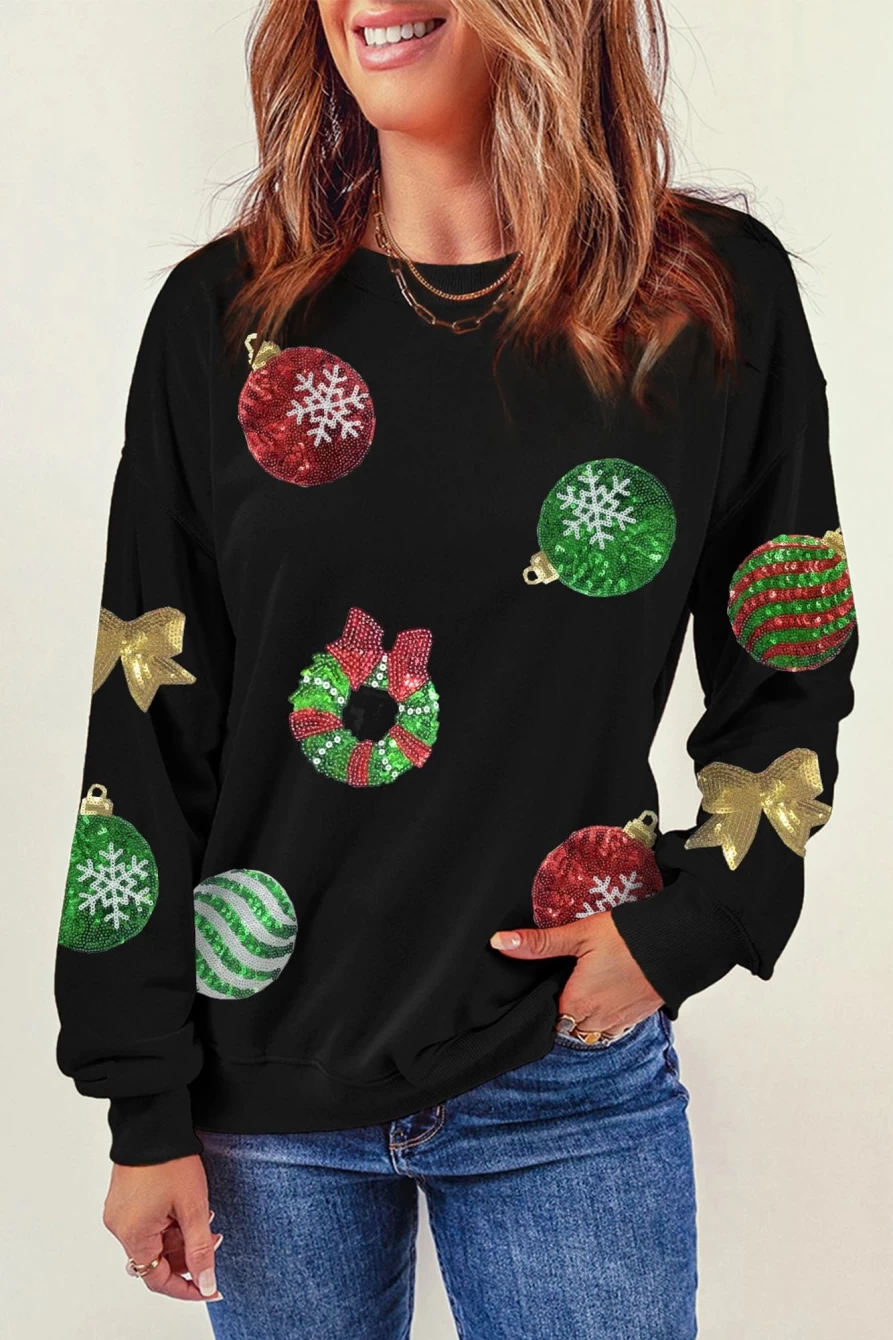 Shewin Women's Black Sequined Christmas Graphic Pullover Sweatshirt Holiday Party Top