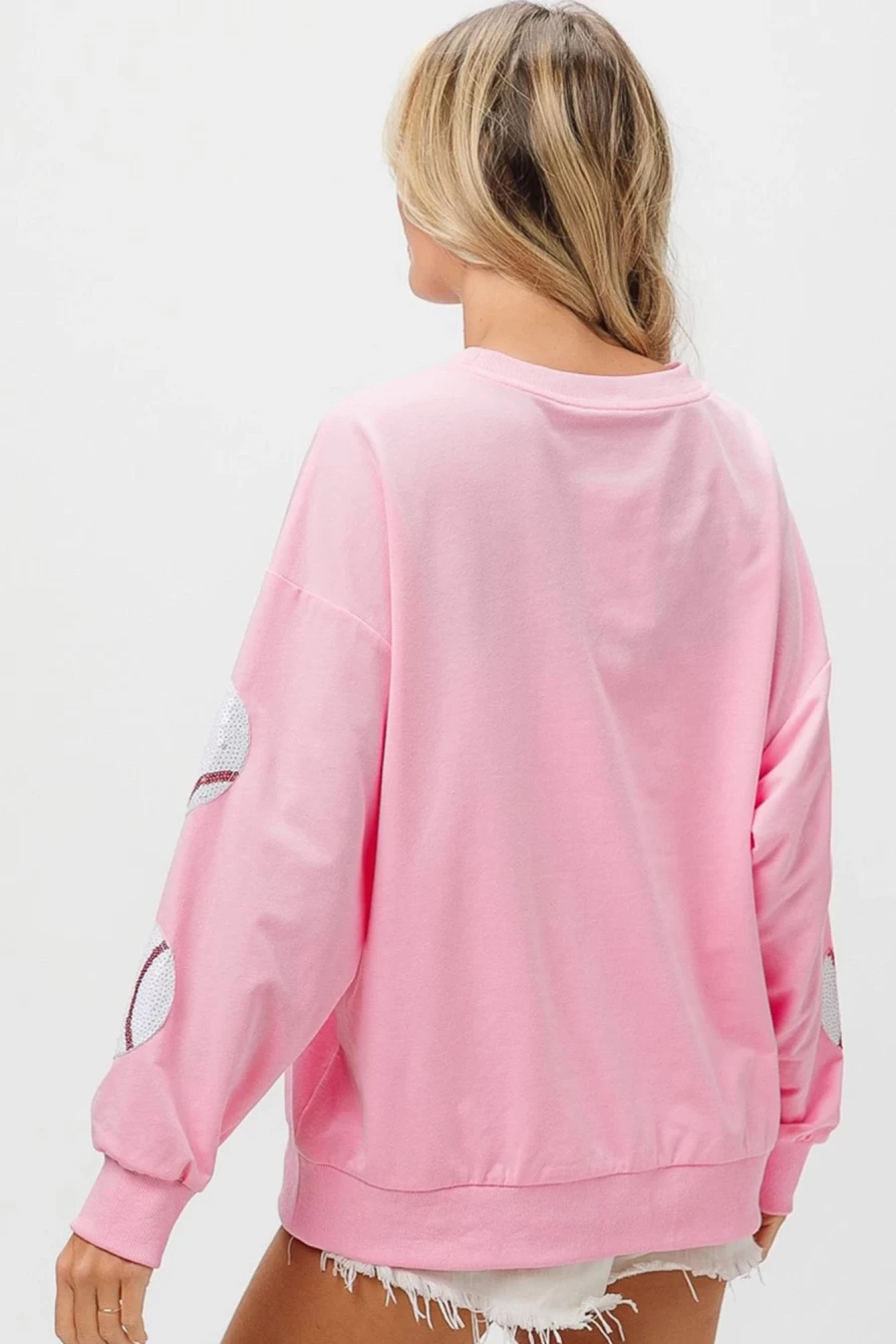 Shewin Women's Pink Sequin Baseball Graphic Drop Sleeve Sweatshirt