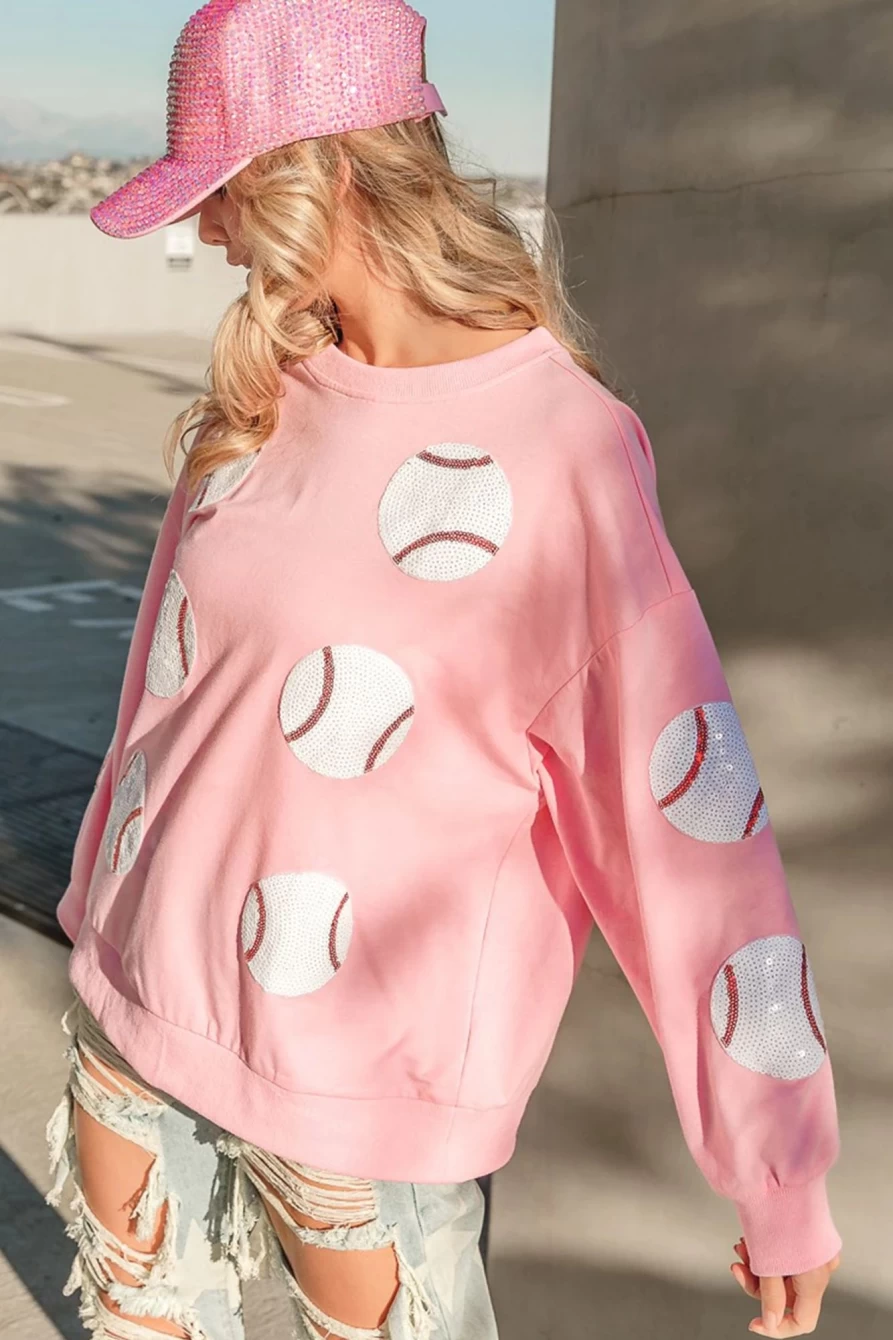 Shewin Women's Pink Sequin Baseball Graphic Drop Sleeve Sweatshirt