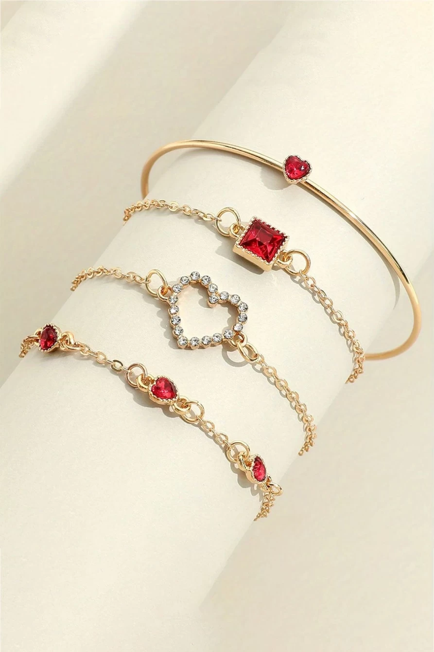 4Pcs Shewin Gold Diamond Heart Bracelet Set for Women - Valentine's Day Gift