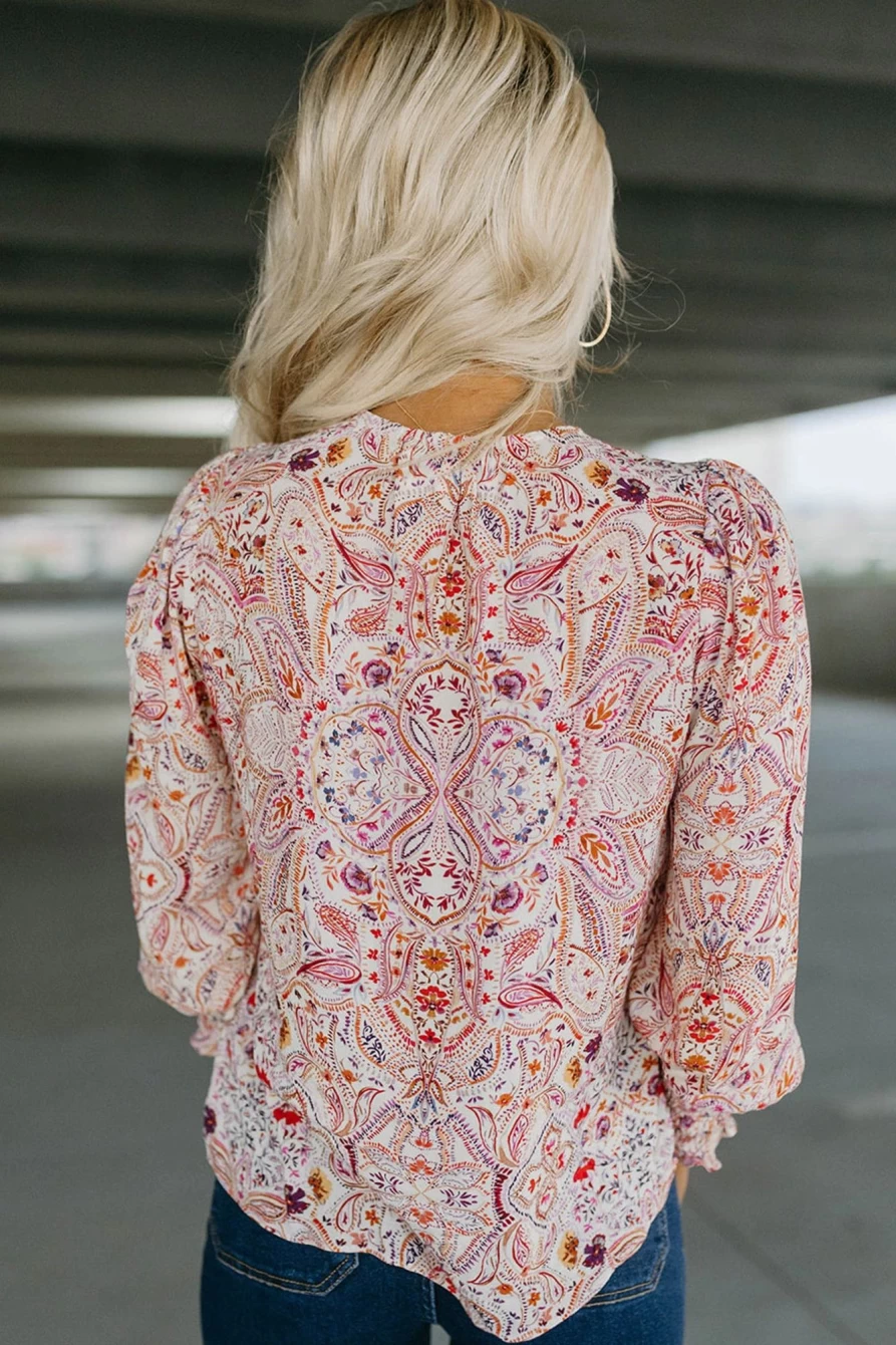 Shewin Women's Red Boho Paisley Print Shirred Cuff Blouse