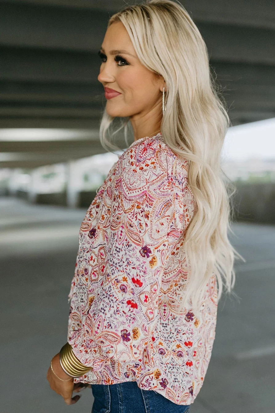 Shewin Women's Red Boho Paisley Print Shirred Cuff Blouse