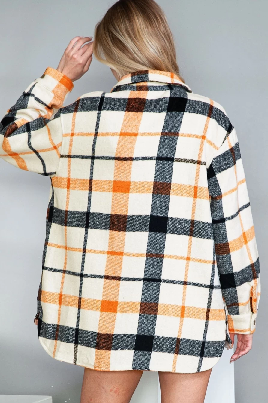 Women's Yellow Plaid Print Shacket with Turn Down Collar & Button Front - Shewin