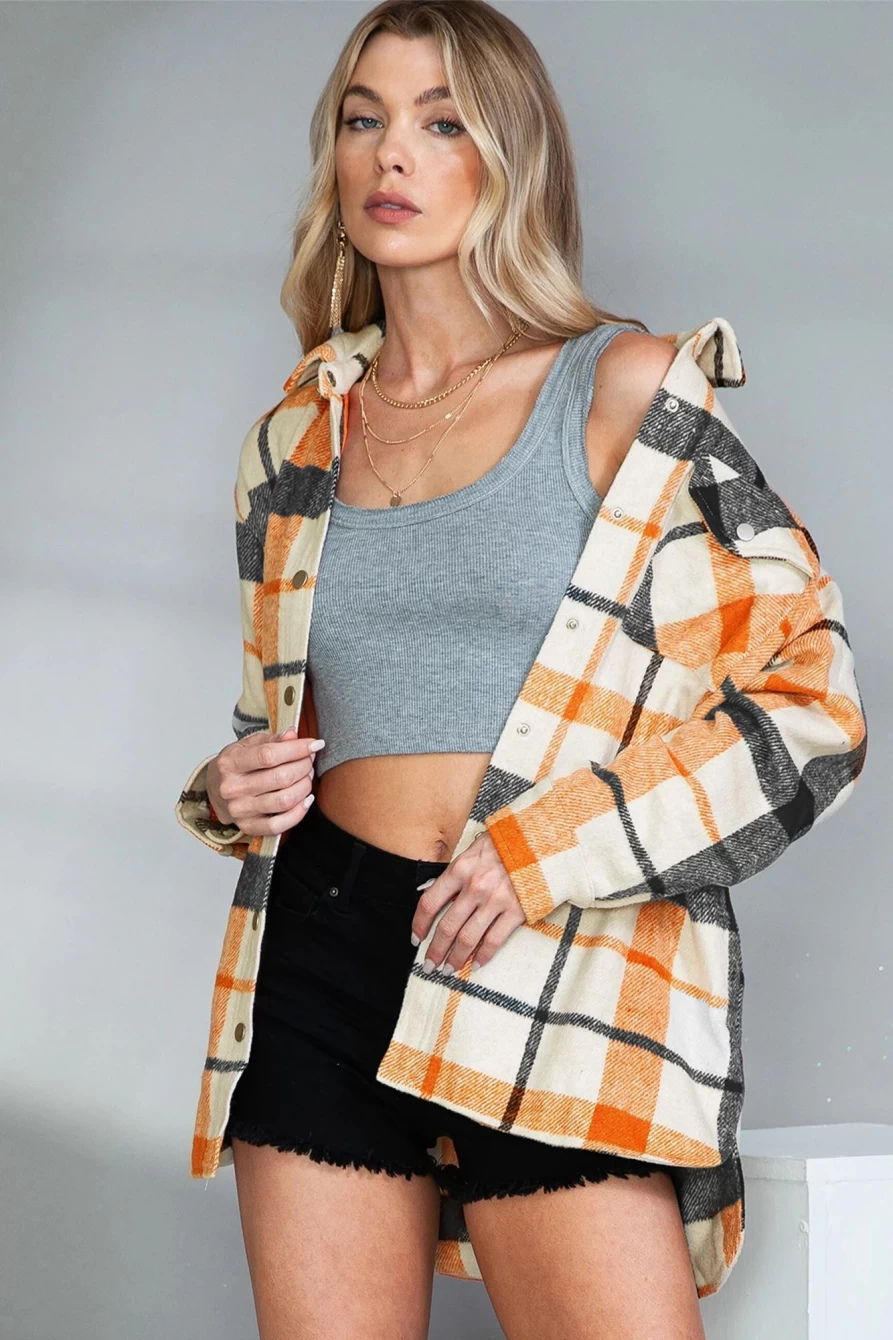 Women's Yellow Plaid Print Shacket with Turn Down Collar & Button Front - Shewin