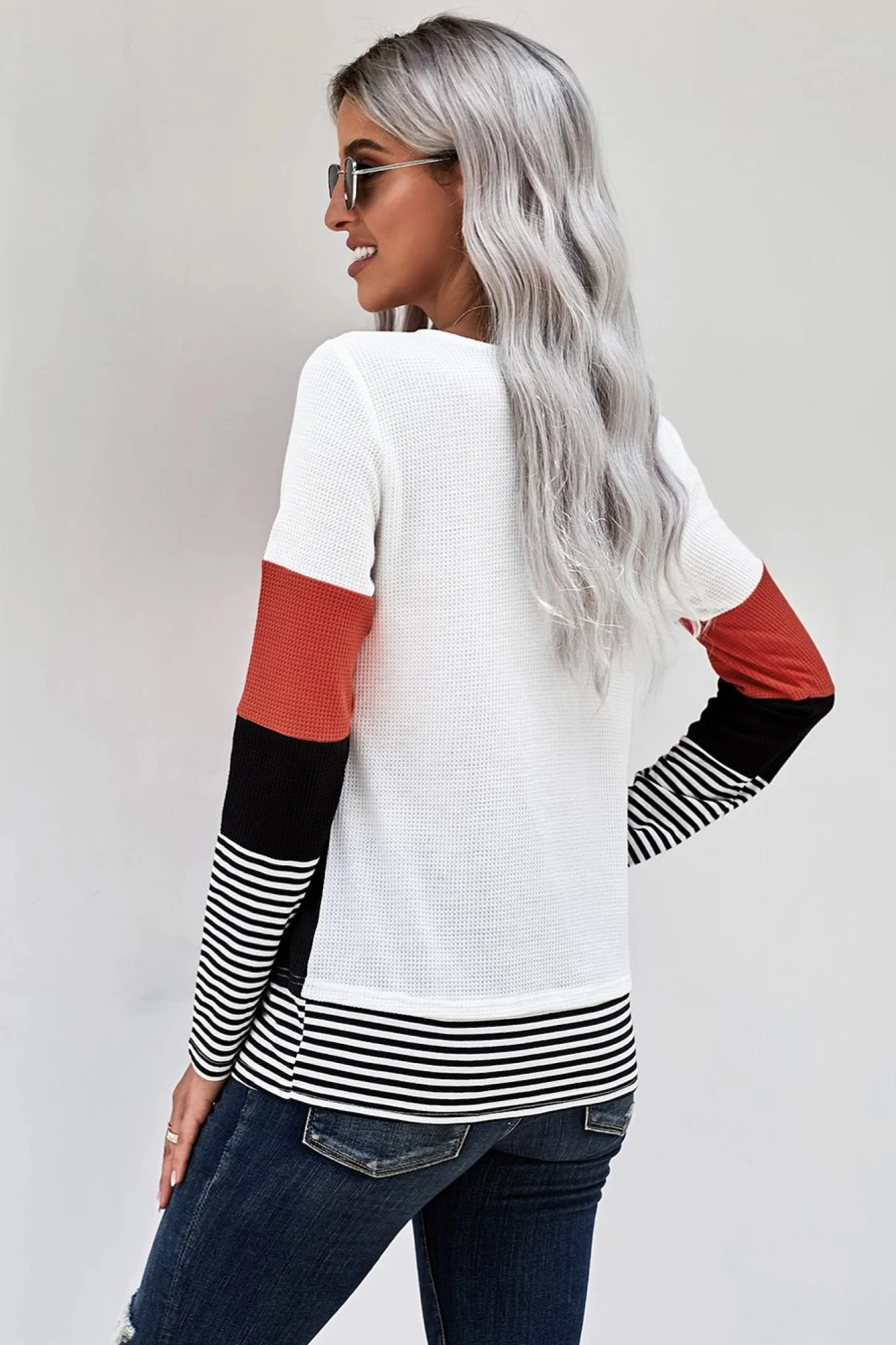 Shewin Women's Red Color Block Patchwork Long Sleeve Top with Striped Trim Casual Textured Design