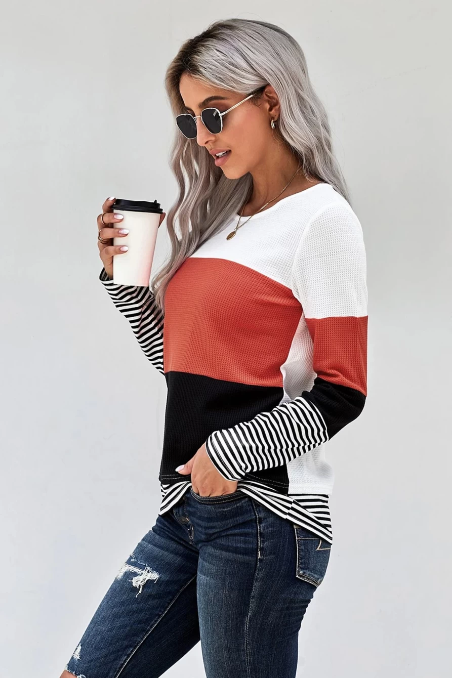 Shewin Women's Red Color Block Patchwork Long Sleeve Top with Striped Trim Casual Textured Design