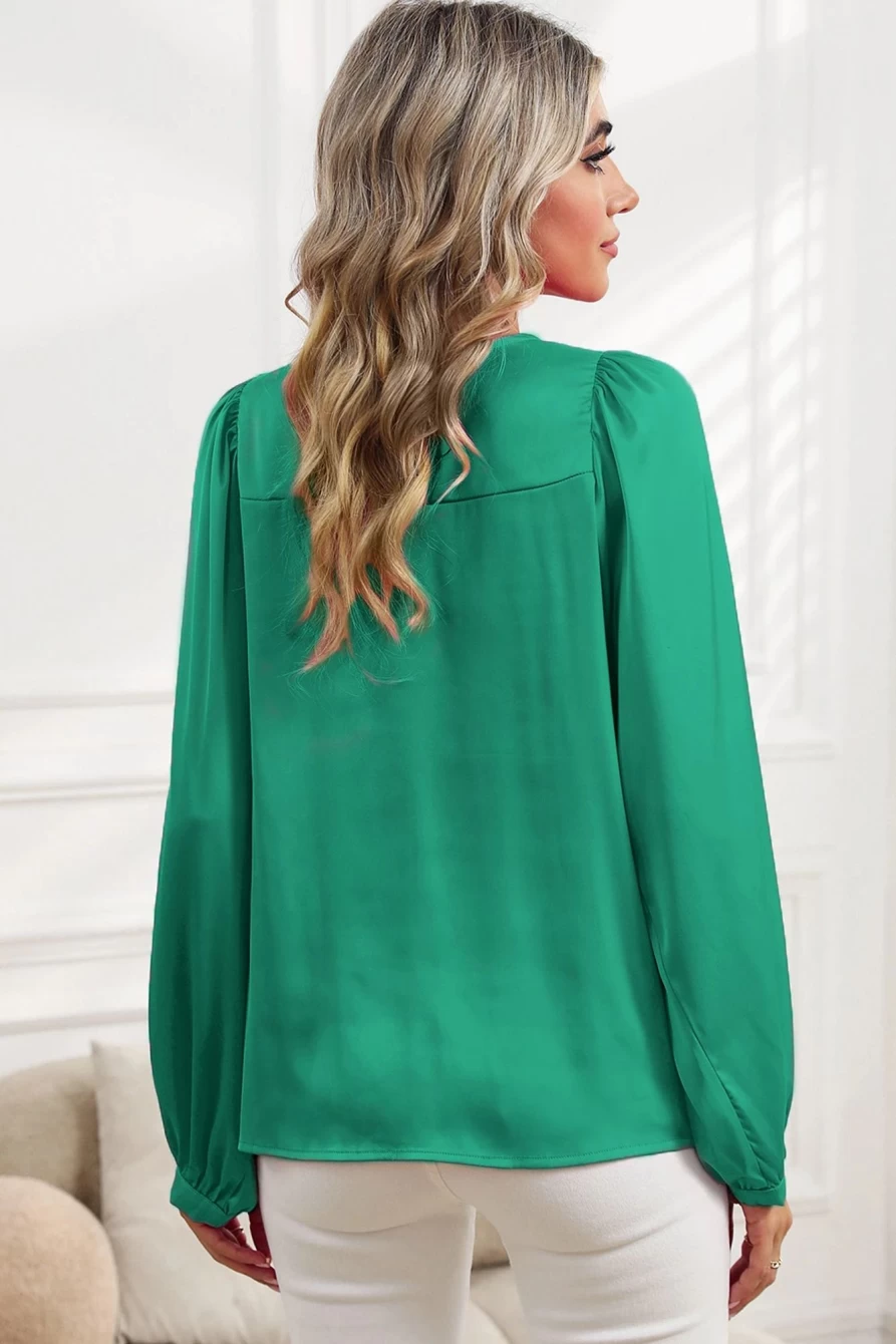 Shewin Women's Green Satin Puff Long Sleeve Crewneck Blouse