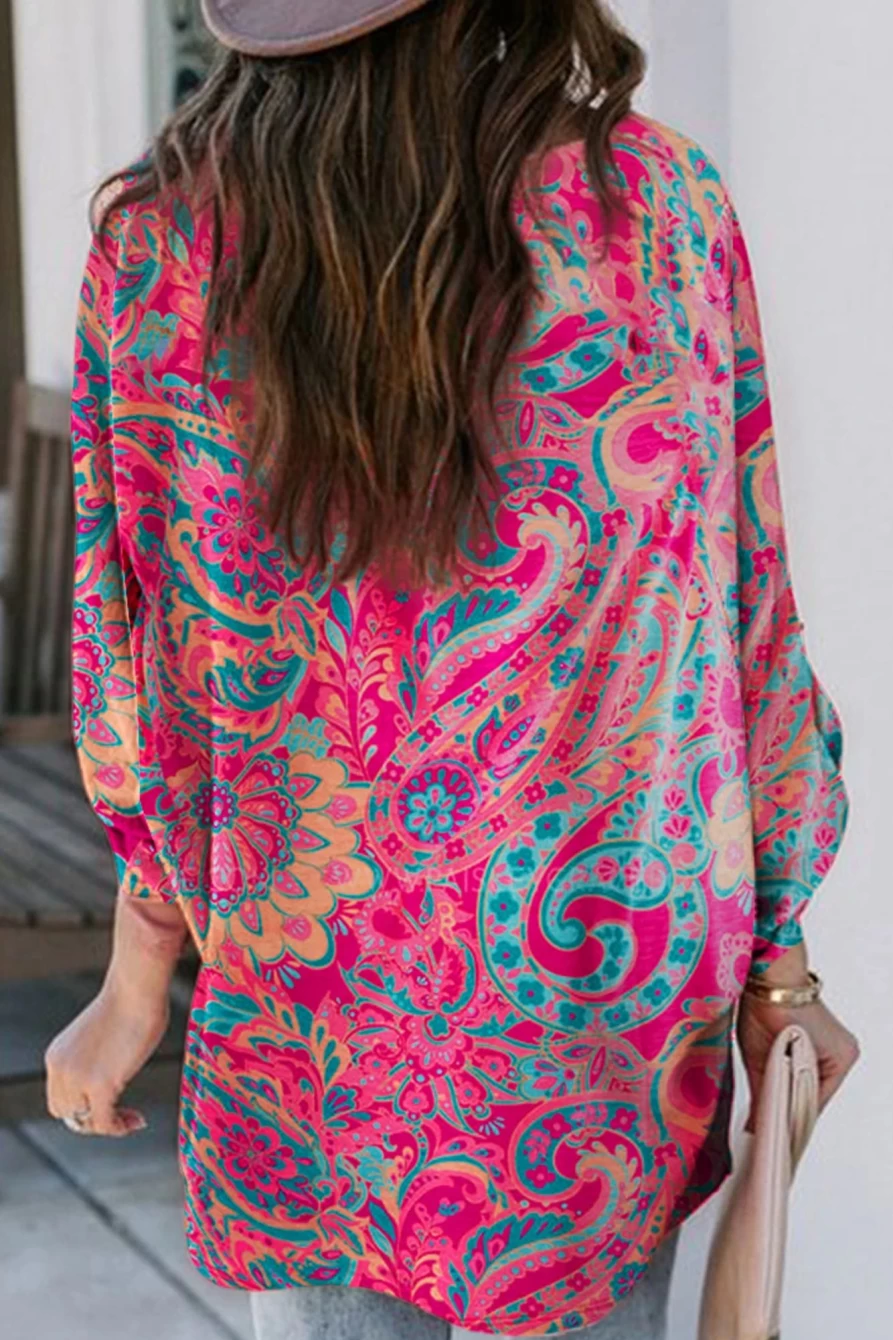 "SheWin Women's Rose Red Boho Blouse with Paisley Print & Tab Sleeve V-Neck"
