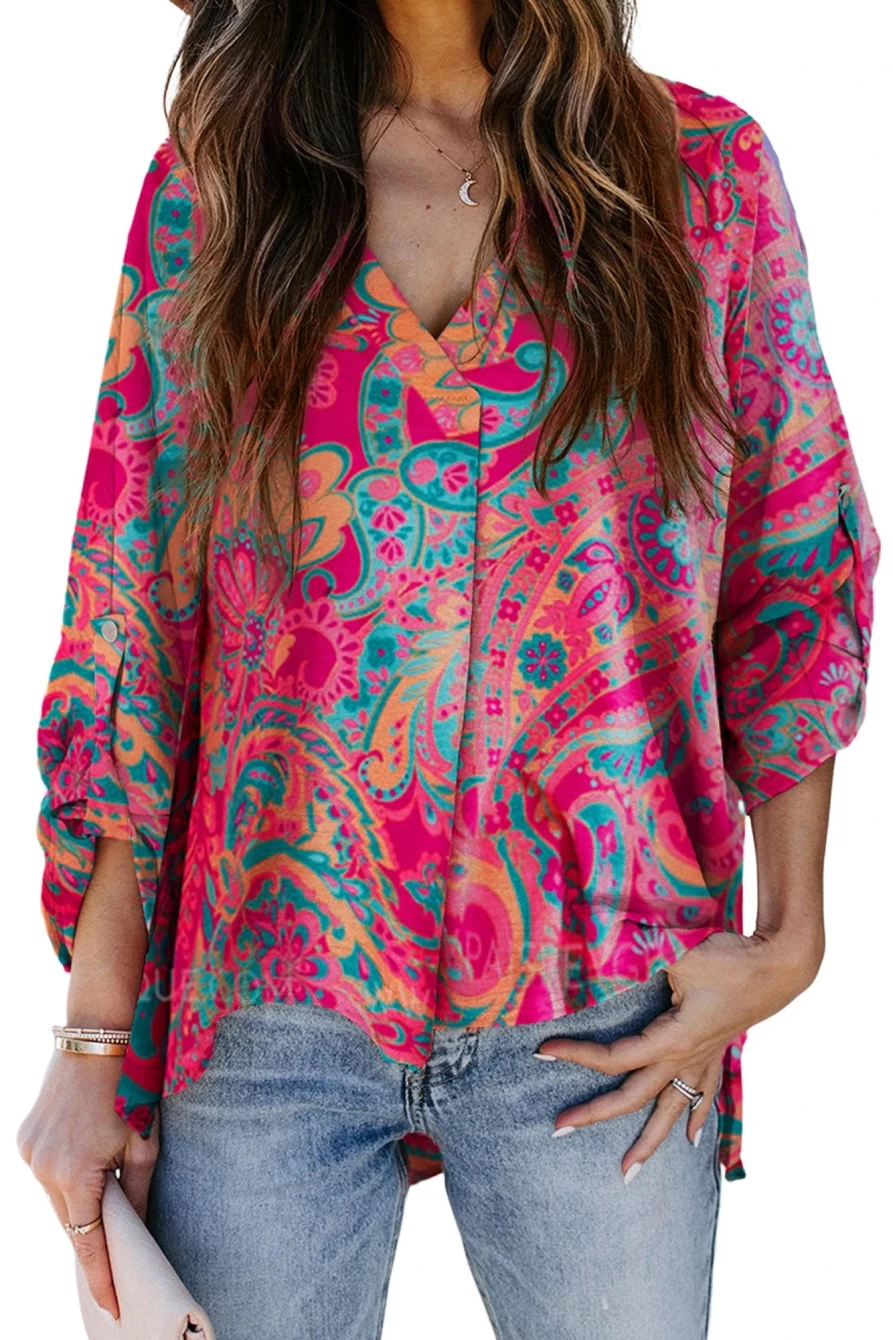 "SheWin Women's Rose Red Boho Blouse with Paisley Print & Tab Sleeve V-Neck"