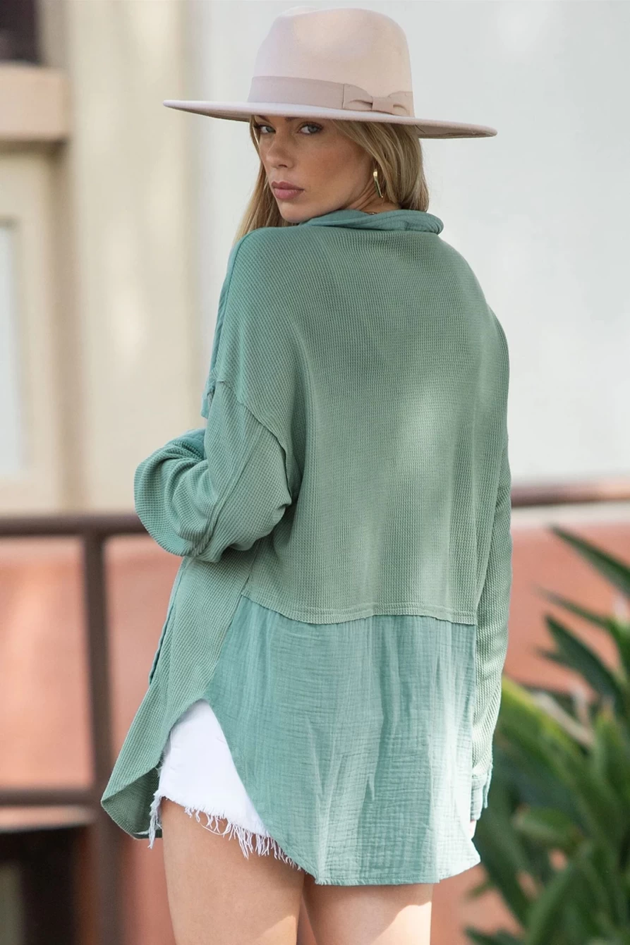 Shewin Women's Green Tunic Shacket with Textured Stitching & Flap Pockets