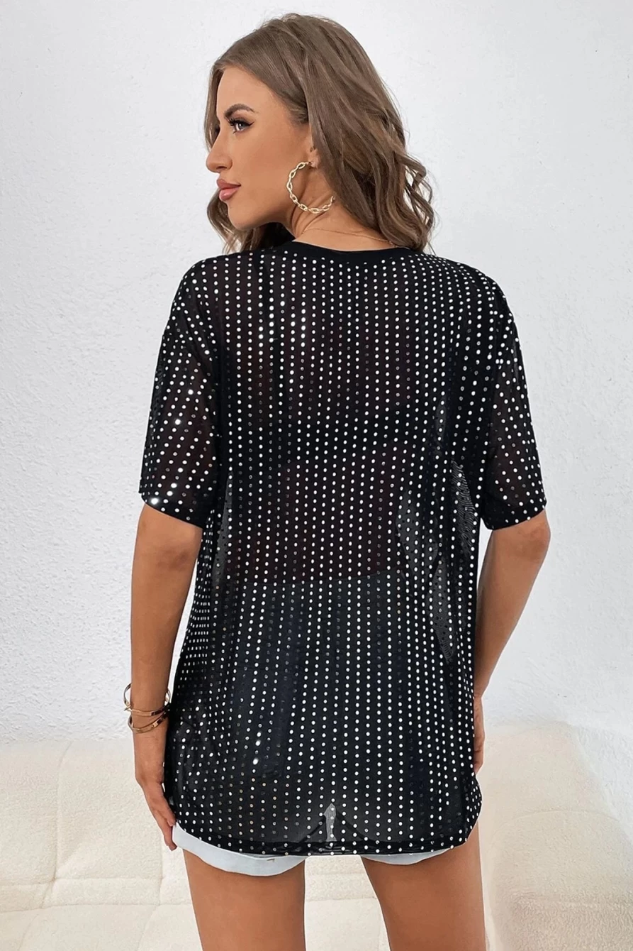 "Women's Black Sequin Drop Shoulder Sheer T-Shirt | SHEWIN Fashion Top"
