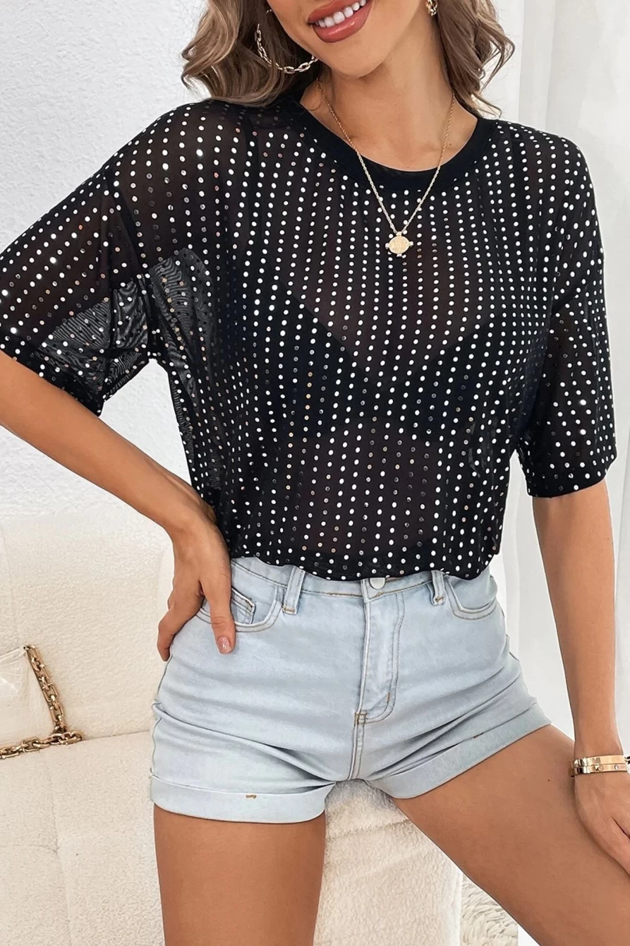 "Women's Black Sequin Drop Shoulder Sheer T-Shirt | SHEWIN Fashion Top"
