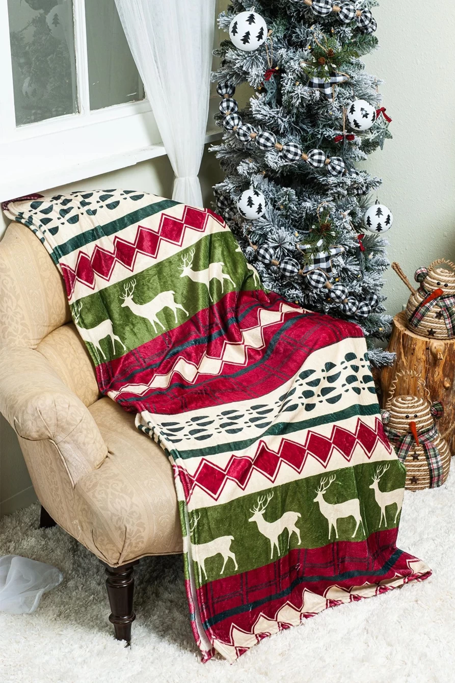 Shewin Women's Dark Green Christmas Elk Print Reversible Sherpa Fleece Blanket