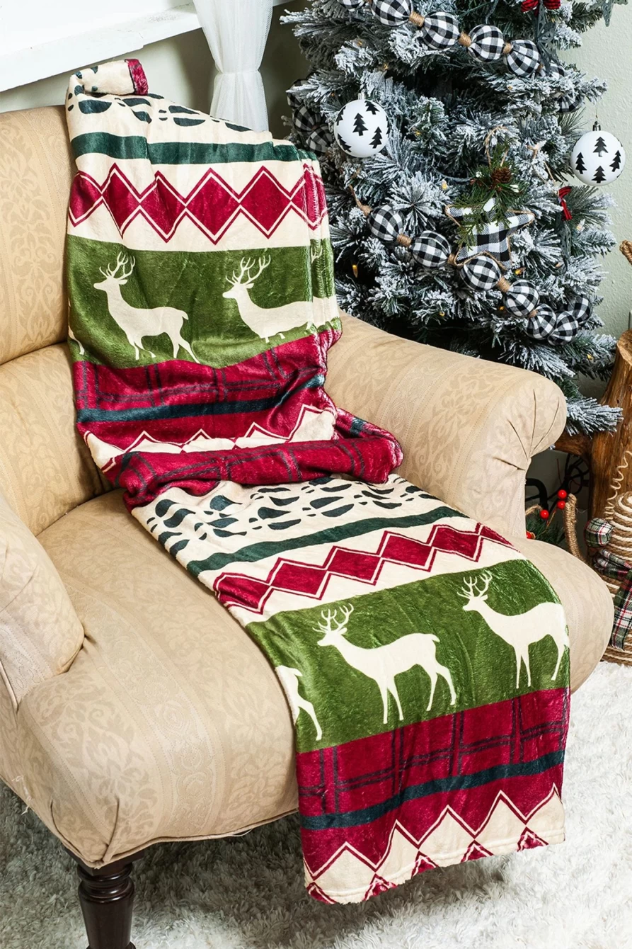 Shewin Women's Dark Green Christmas Elk Print Reversible Sherpa Fleece Blanket