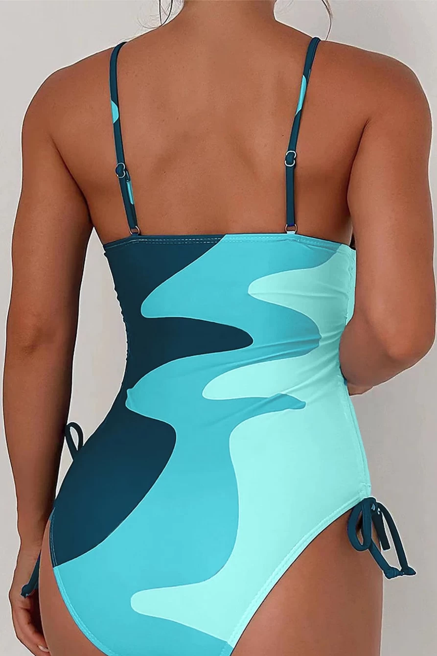 Women's Green Printed Color Block One Piece Swimsuit with Drawstring Sides | Shewin