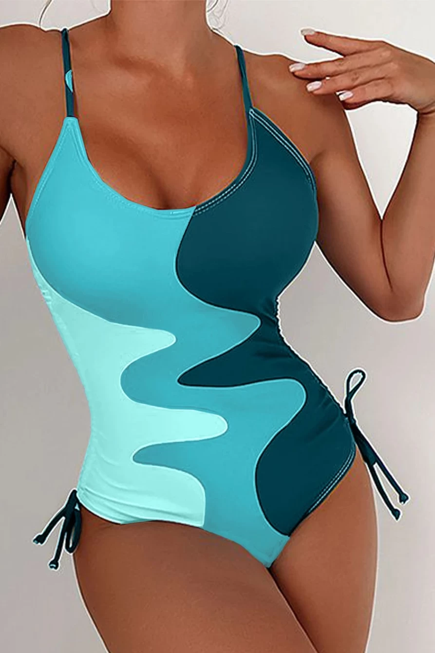Women's Green Printed Color Block One Piece Swimsuit with Drawstring Sides | Shewin