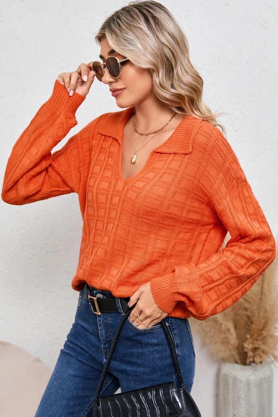 Shewin Women's Orange V-Neck Waffle Knit Polo Collar Casual Sweater