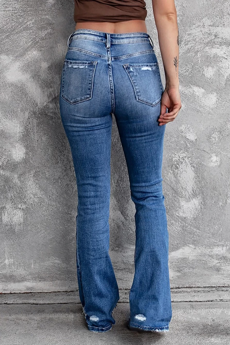Shewin Women's Blue Sequin Mardi Gras Flared Jeans with Bowknot & Distressed Details
