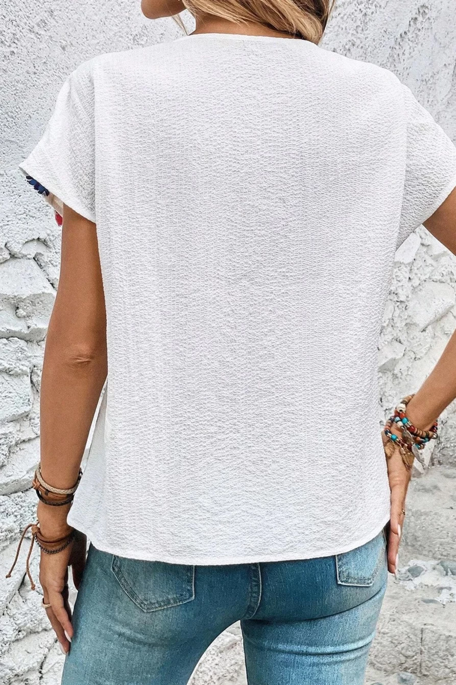 "Shewin Women's White Boho Embroidered V-Neck Fringe Blouse - Short Sleeve Bohemian Top"