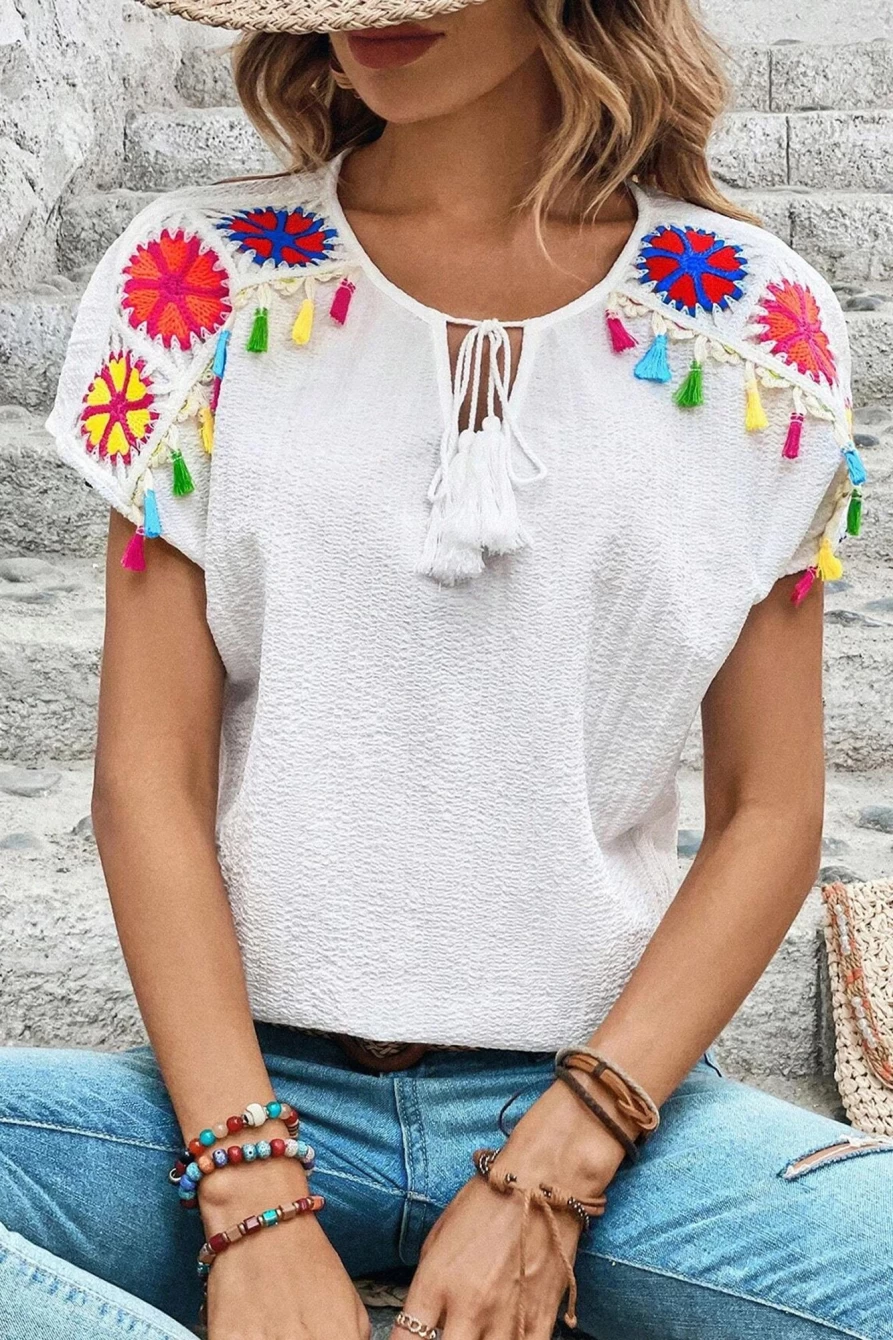 "Shewin Women's White Boho Embroidered V-Neck Fringe Blouse - Short Sleeve Bohemian Top"