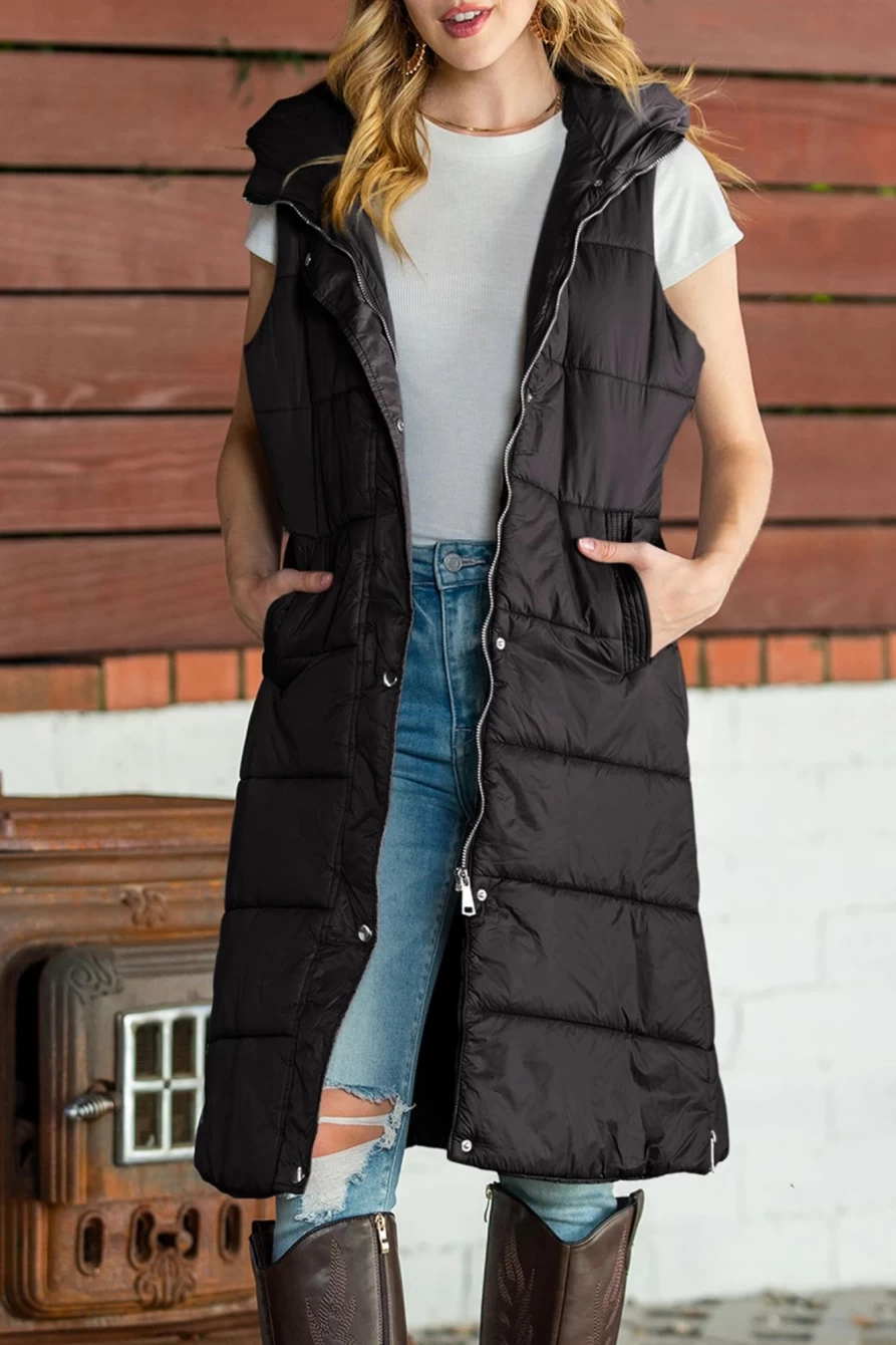 Shewin Women's Black Hooded Quilted Long Vest Coat with Pockets