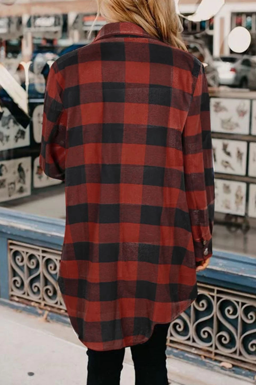 Women's Shewin Red Plaid Collar Button-Down Shacket Long Sleeve Shirt