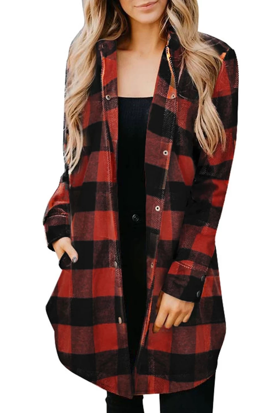 Women's Shewin Red Plaid Collar Button-Down Shacket Long Sleeve Shirt
