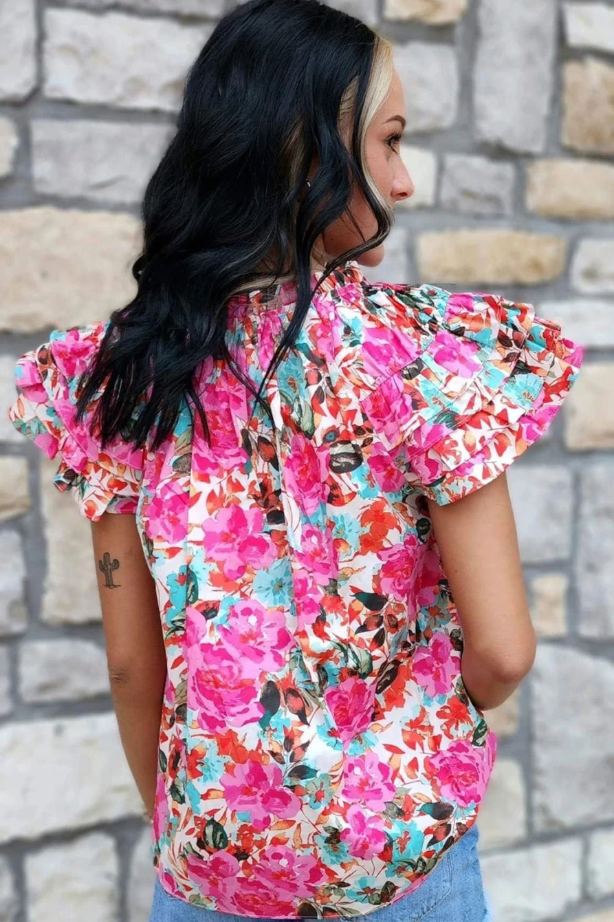 Shewin Women's Rose Floral Print Blouse with Ruffle Flutter Sleeves