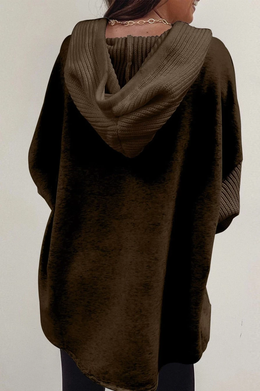 Shewin Women's Dark Brown Crochet Button-Up Hoodie with Knitted Sleeves