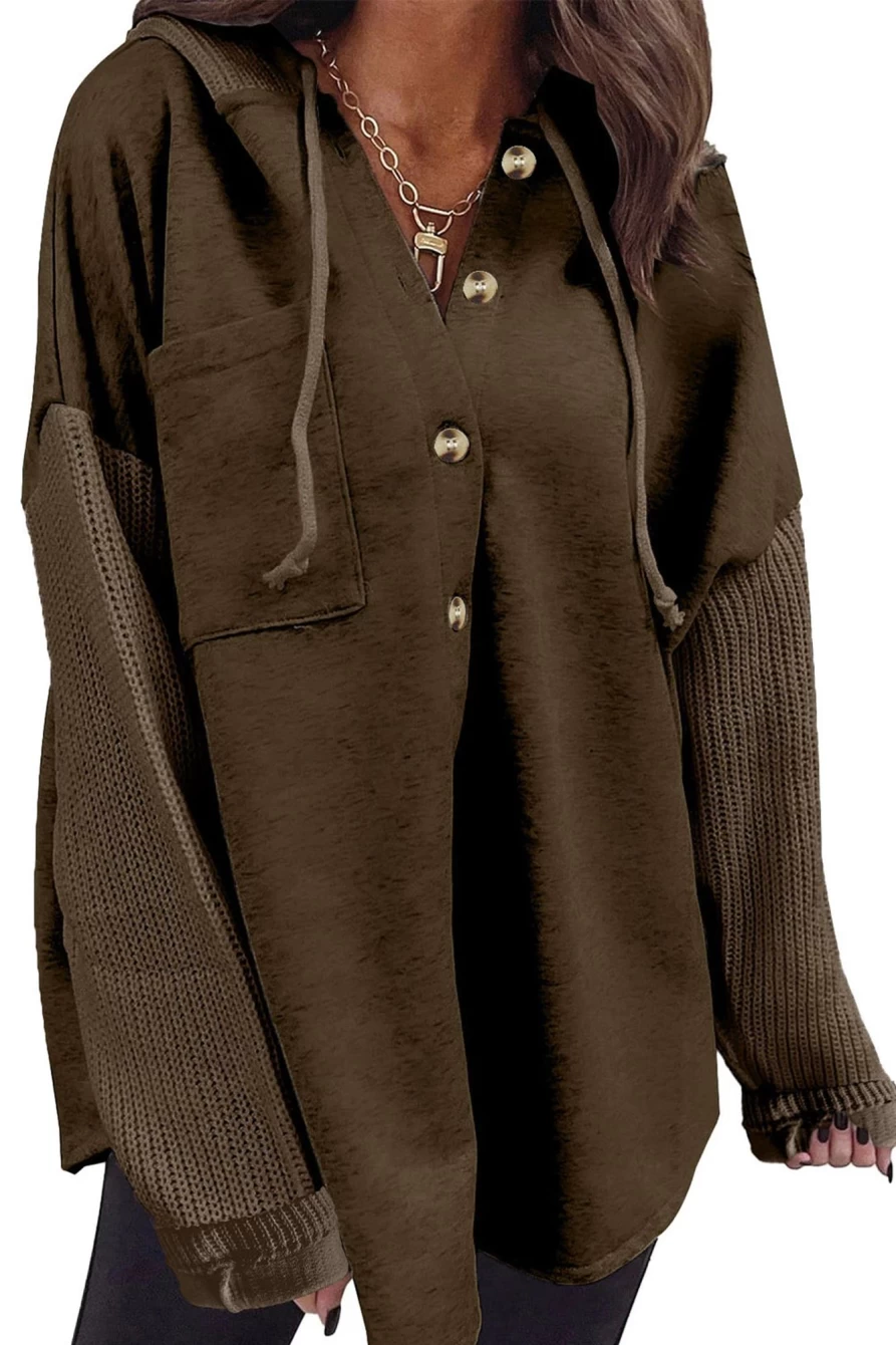 Shewin Women's Dark Brown Crochet Button-Up Hoodie with Knitted Sleeves