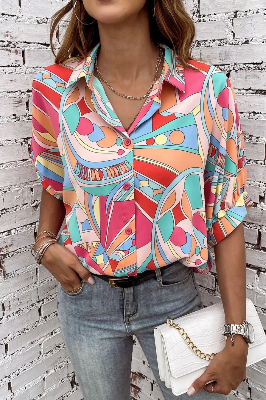 "Shewin Women's Multicolor Abstract Print Half Batwing Sleeve Loose Fit Blouse"