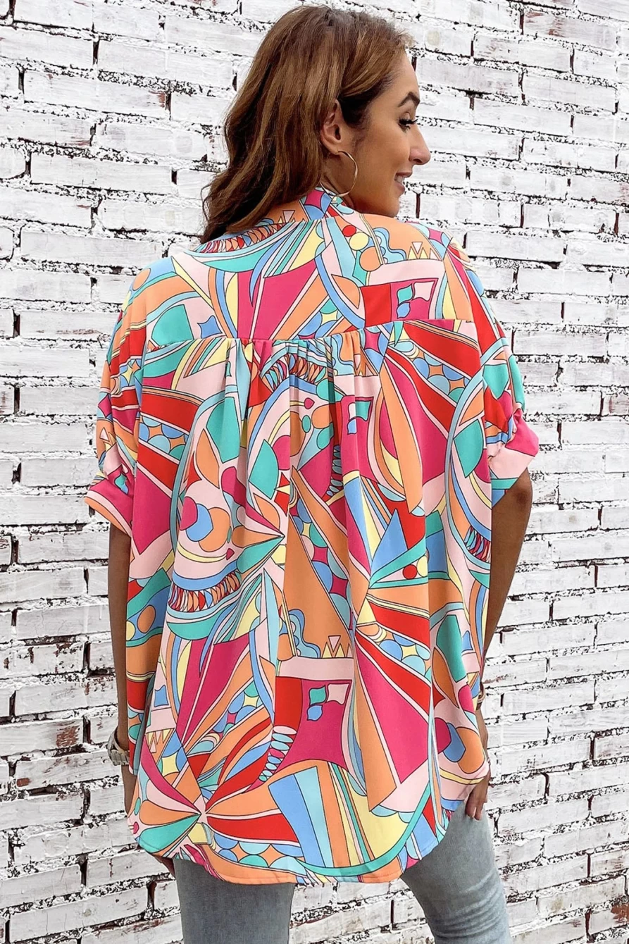 "Shewin Women's Multicolor Abstract Print Half Batwing Sleeve Loose Fit Blouse"
