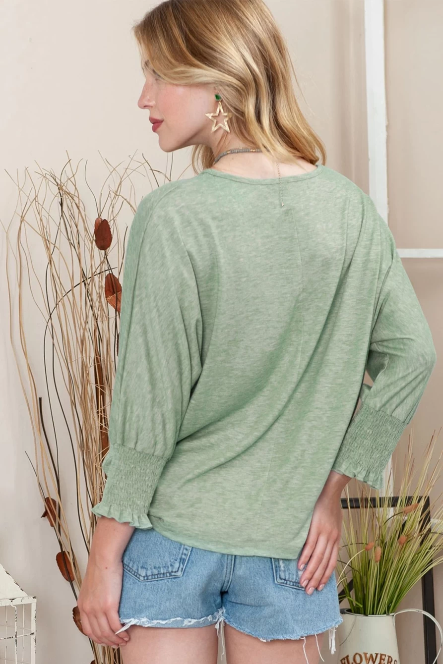 Shewin Women's Green Casual Smocked 3/4 Sleeve Loose T-Shirt