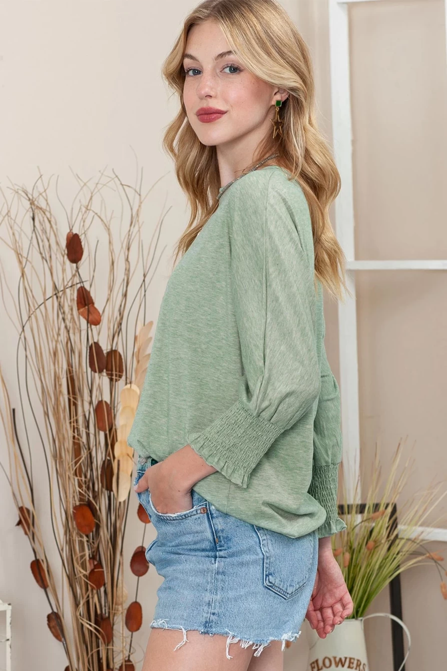 Shewin Women's Green Casual Smocked 3/4 Sleeve Loose T-Shirt