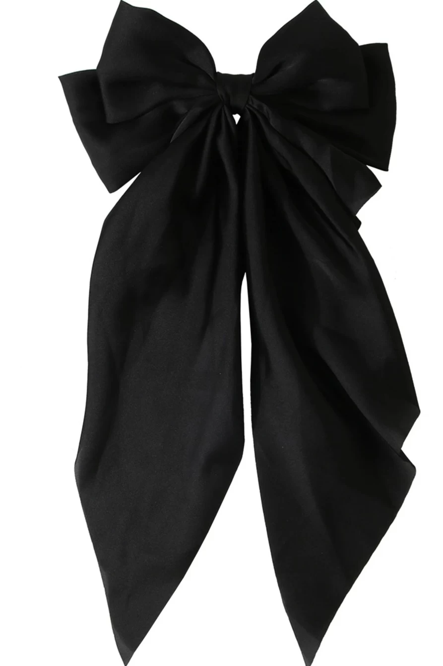 Shewin Women's Elegant Black Oversized Satin Hair Clip with Ribbon Bowknot